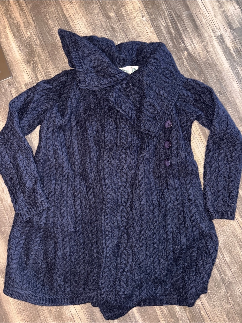 Vintage Aran Crafts Navy Cable-Knit Button-Detail Cardigan 100 wool small